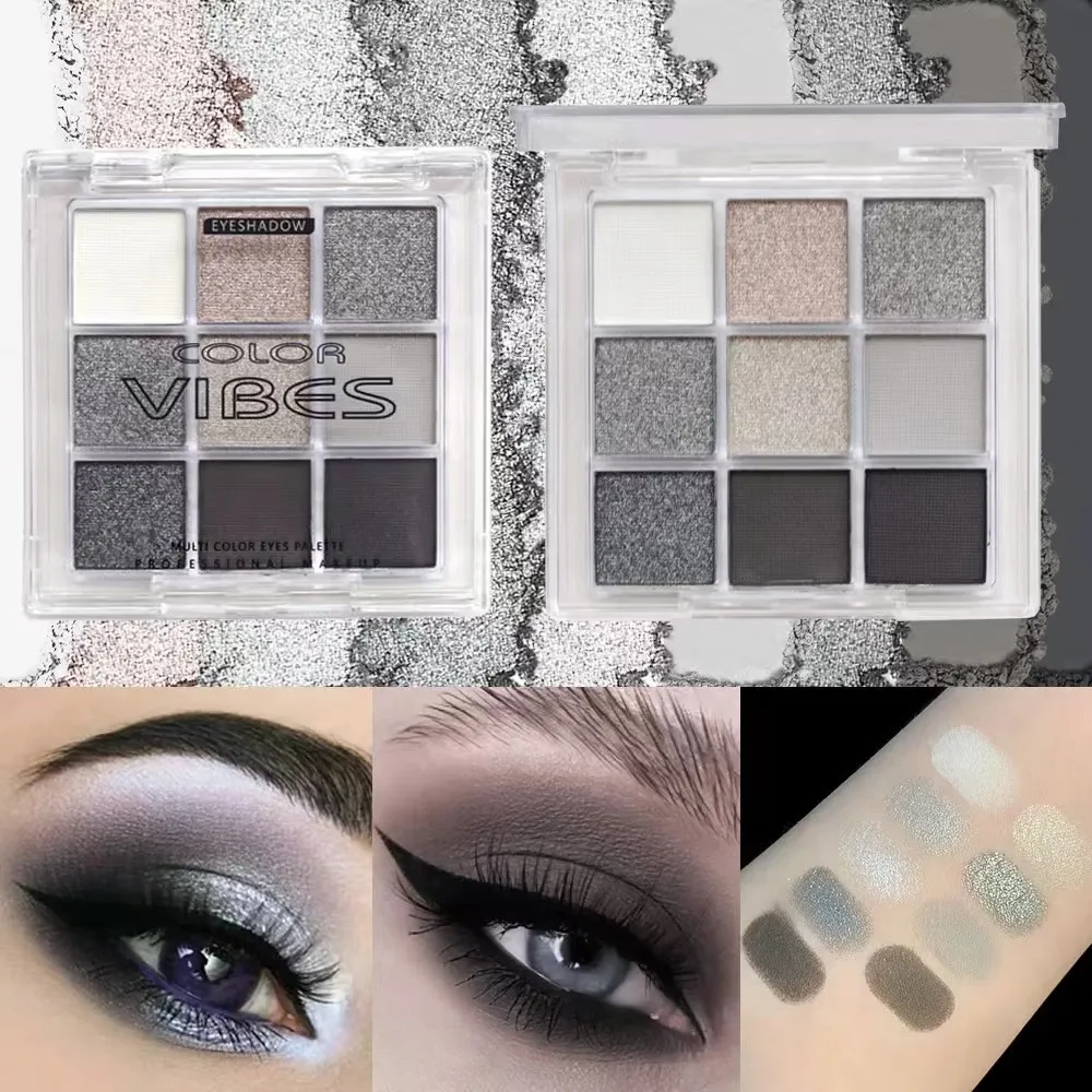 9‑Color Smoky Black Grey Eyeshadow Palette Matte Shimmer Cool Silver Gray Eye Makeup Palette High Pigment for Punk Party Stage — image 3