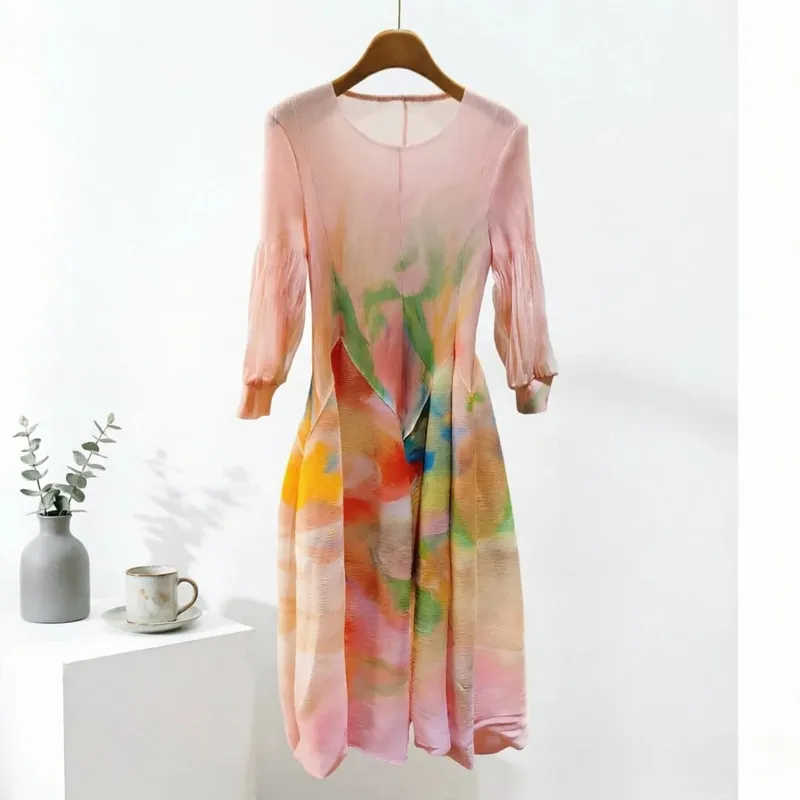 Miyake Plissee Kleider 2026 Herbst Neue Sanfte Französisch Druck Elegante Stretch Plus Größe frauen Langarm Bounce Blume Knospe kleid — image 16