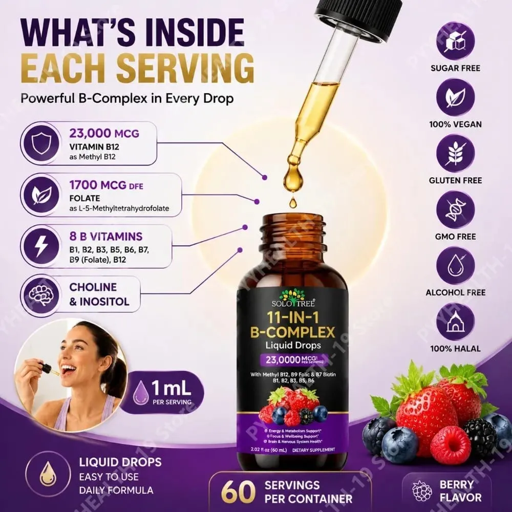 B-Complex Liquid Drops 11 em 1 Metil B12 Folato Biotina para foco energético e fórmula de suporte nervoso cerebral adulto 60ml — image 6