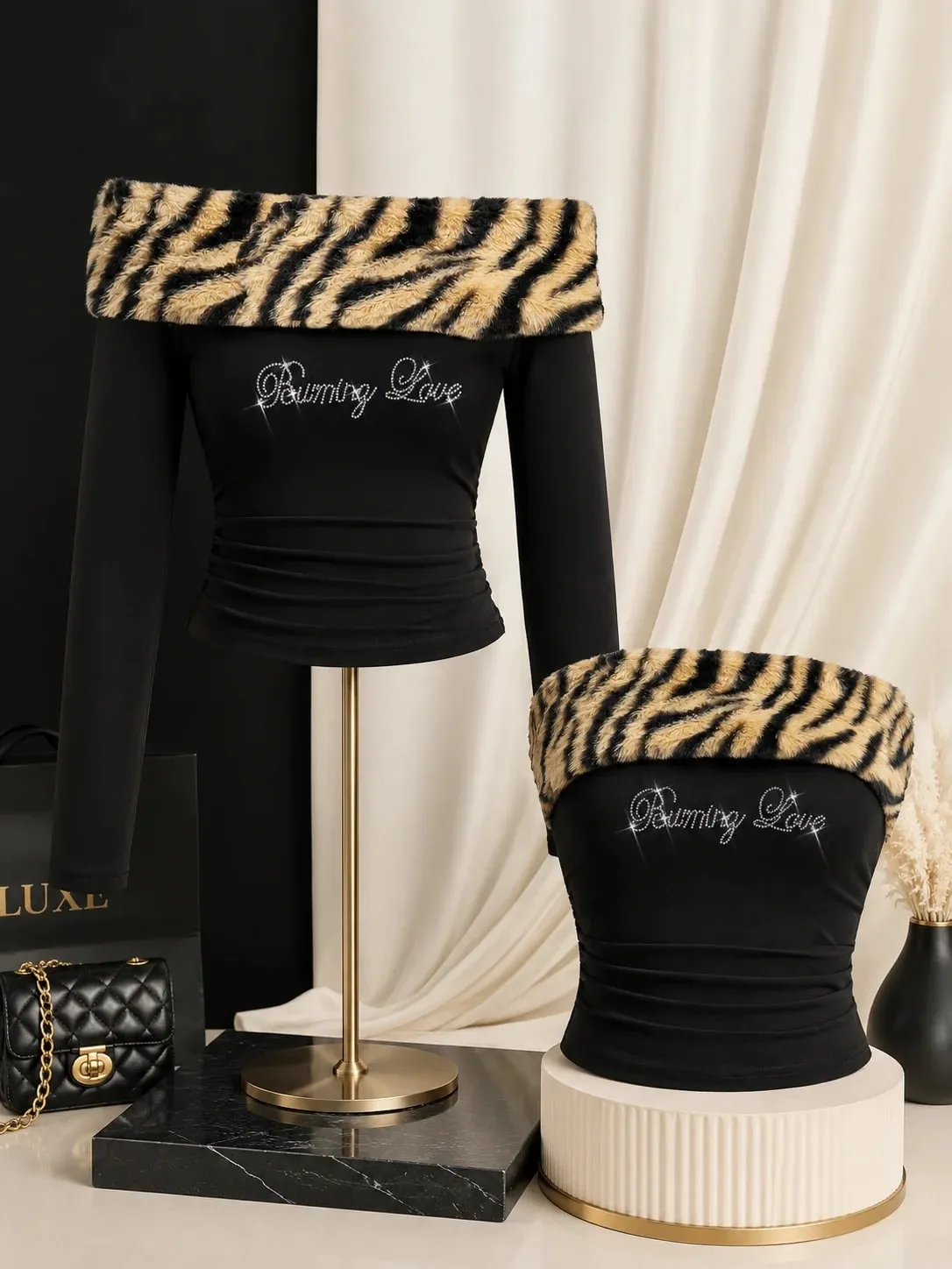 Women Y2K Tiger Print Faux Fur Trim Off Shoulder Top Rhinestone Burning Love Lettering Ruched Waist Fitted Bodycon Cropped Long Sleeve Bardot Tube Top Baddie Going Out Party Club，christmas valentine halloween cosplay costume plus size petit