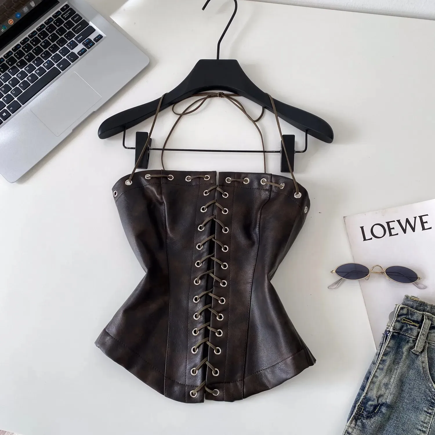 Sexy Bandage Pu Solid Tanks Top Vintage Corset Bustier Korean Autumn Camis Women Party Crop Top Y2k — image 3