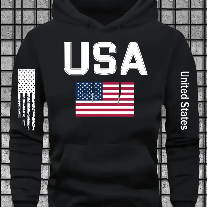 Urban patriotic-themed men's hooded sweatshirt with USA lettered and flag graphics. Street fashion design, loose turtleneck top.