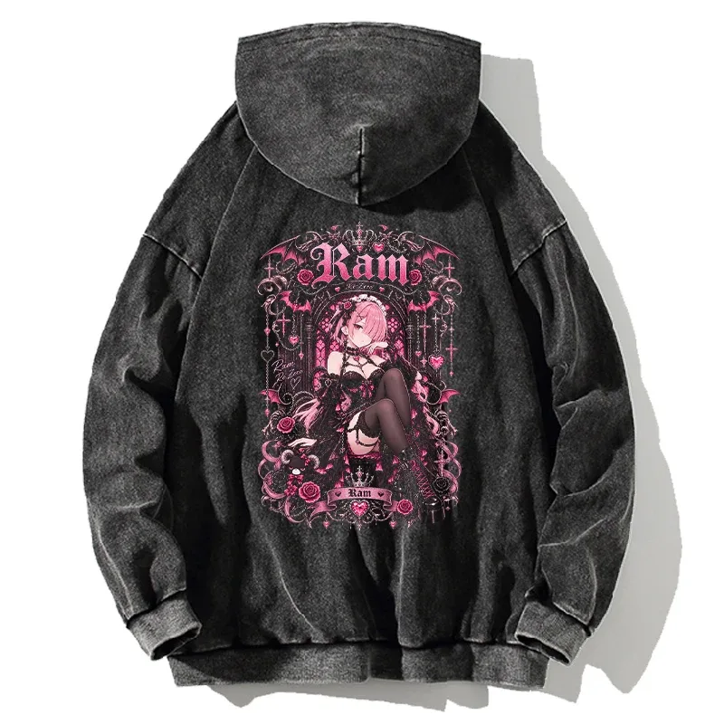 Anime Re:Zero Ram Gothic Hoodies Vintage Washed Streetwear Men Women Clothing Fall Long Sleeves Oversized 100% Cotton Hooded Top — image 2