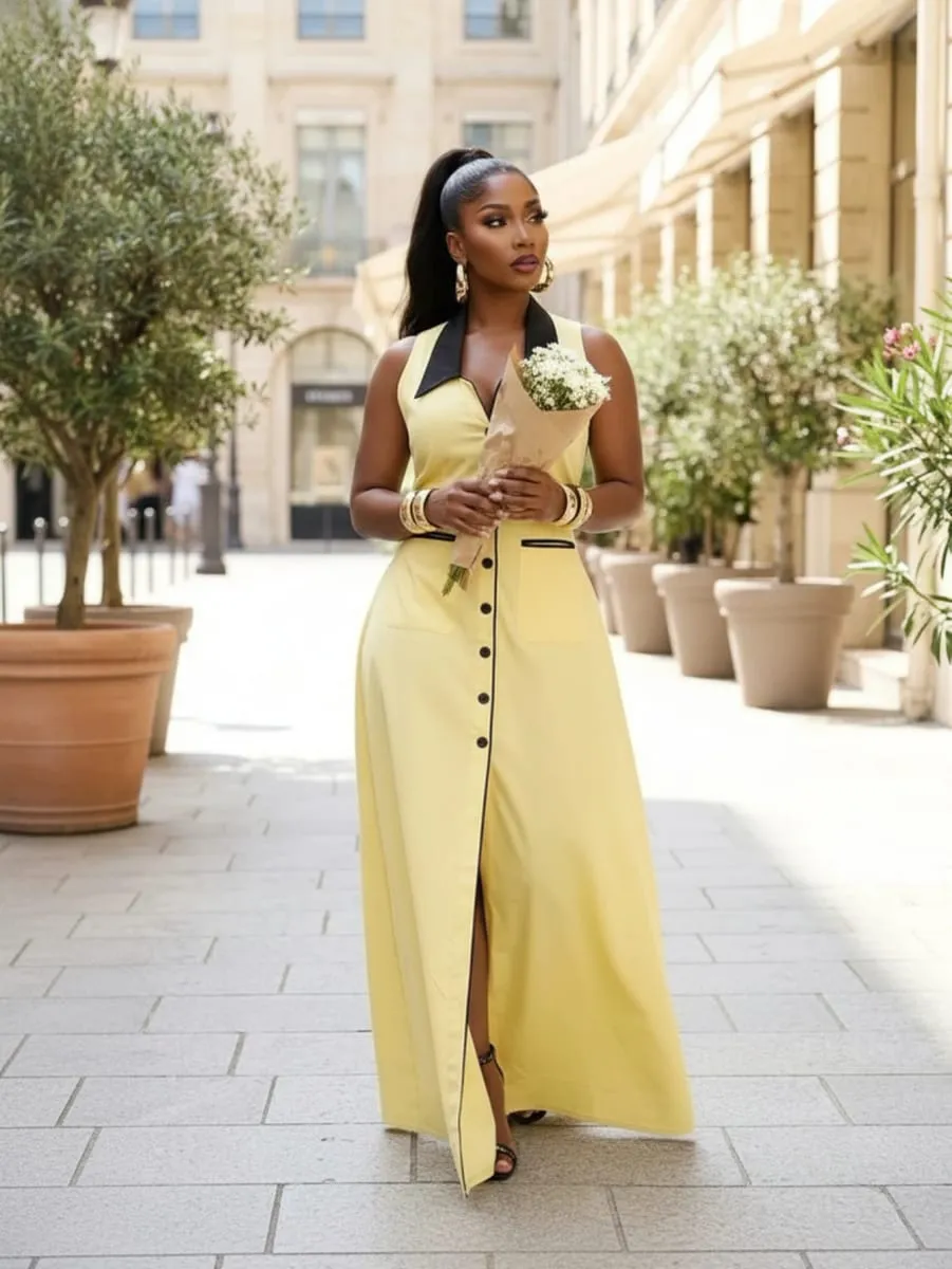 Women Sleeveless Contrast Lapel Button‑Front Split Maxi Dress With Pockets Daily Commute Street Casual Long Dress — image 6