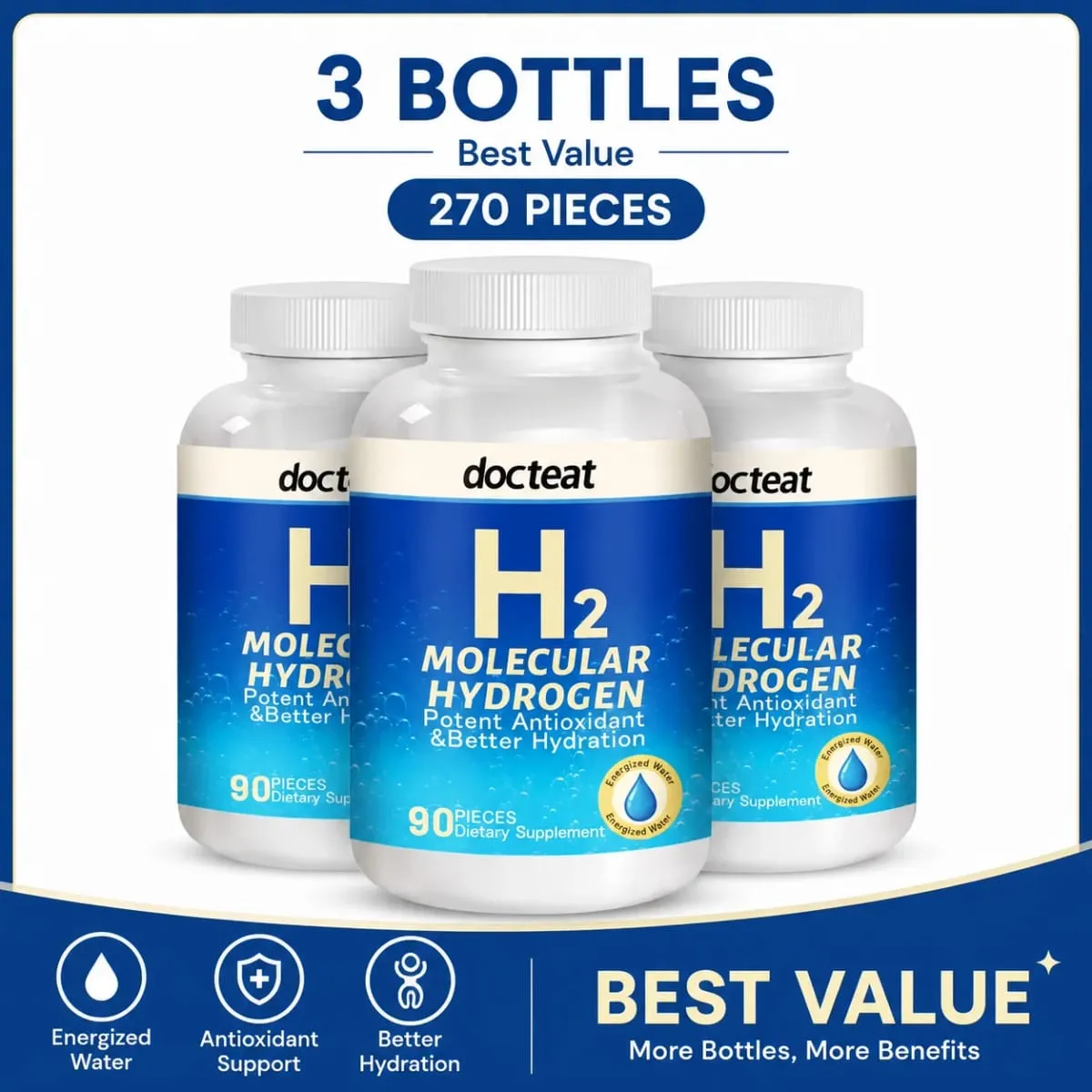 90pcs H2 โมเลกุลบำรุงฟื้นฟูเปลี่ยนสีผมพร้อมเคลือบเงาผมในขั้นตอนเดียวสีผมติดทนนาน 2 เดือนลดการหลุดร่วงของเส้นผมปลอดภัยไร้สารไฮโดรเจนเม็ดน้ำที่มีแมกนีเซียม 160mg Effervescent เครื่องดื่มอาหารเสริมสำหรับ Travel Gym Home Hydration — image 9