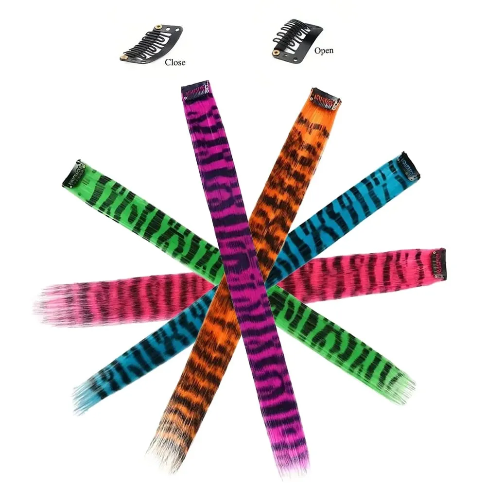 12pcs Makukulay na gawa ng tao na may guhit na naka-print na mahabang tuwid na clip sa mga extension ng buhok na angkop para sa pang-araw-araw na mga partido na isinusuot sa pista opisyal.