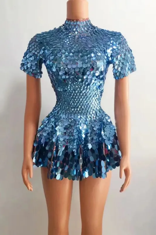 Estate donna moda mezzo collo alto manica corta sirena lucida paillettes mini abito club abito discoteca costume da spettacolo teatrale — image 12
