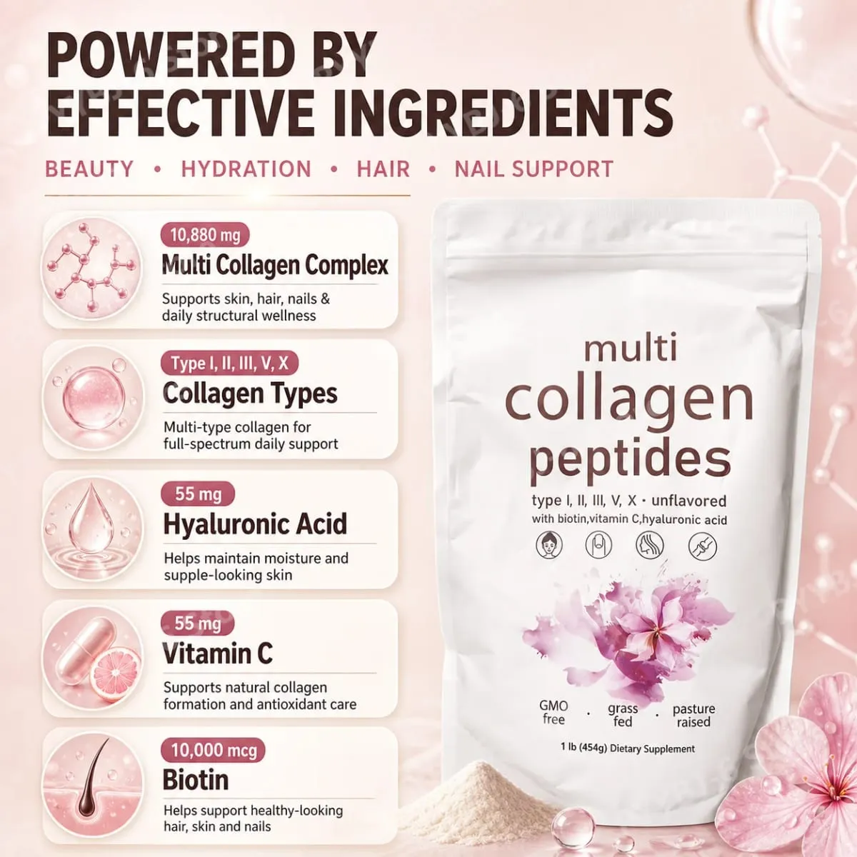 Bubuk Peptida Multi Kolagen 454G Campuran Kolagen Tanpa Rasa dengan Vitamin C Biotin Asam Hyaluronik Dukungan Kuku Rambut Kulit — image 4