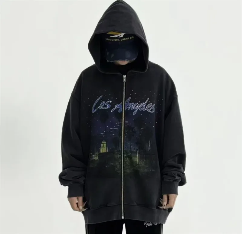 False Rhinestone Starry Sky Pattern Print Washed Zipper Loose Hoodie Street Casual Cotton Versatile Sports Trendy Sweatshirt