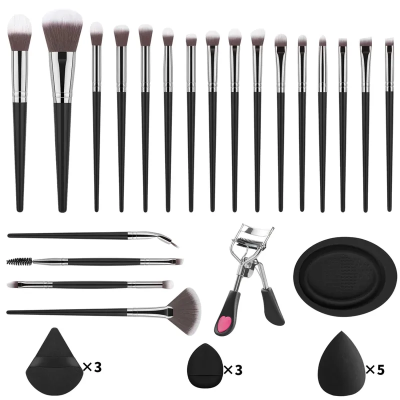 33Pcs Kit Alat Solek 20 Berus Solek Dengan Serbuk Pembersih Mangkuk Pelentik Bulu Mata Set Solek Muka Penuh — image 11