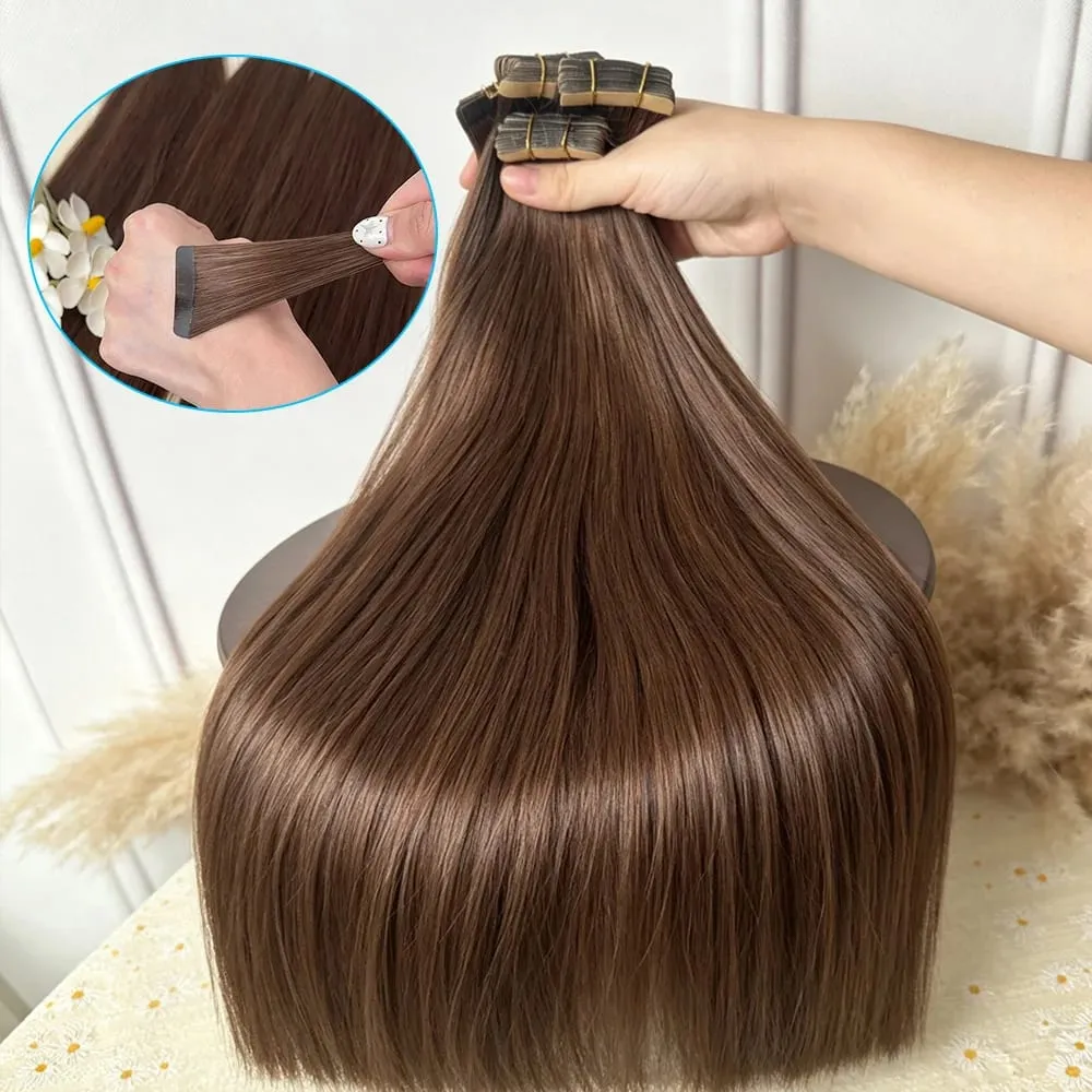 100% Human Hair Tape In Hair Extensions Straight 21pcs/pack Color Adhesive Replaceable Seamless Skin Weft brown Tape For Women — image 2