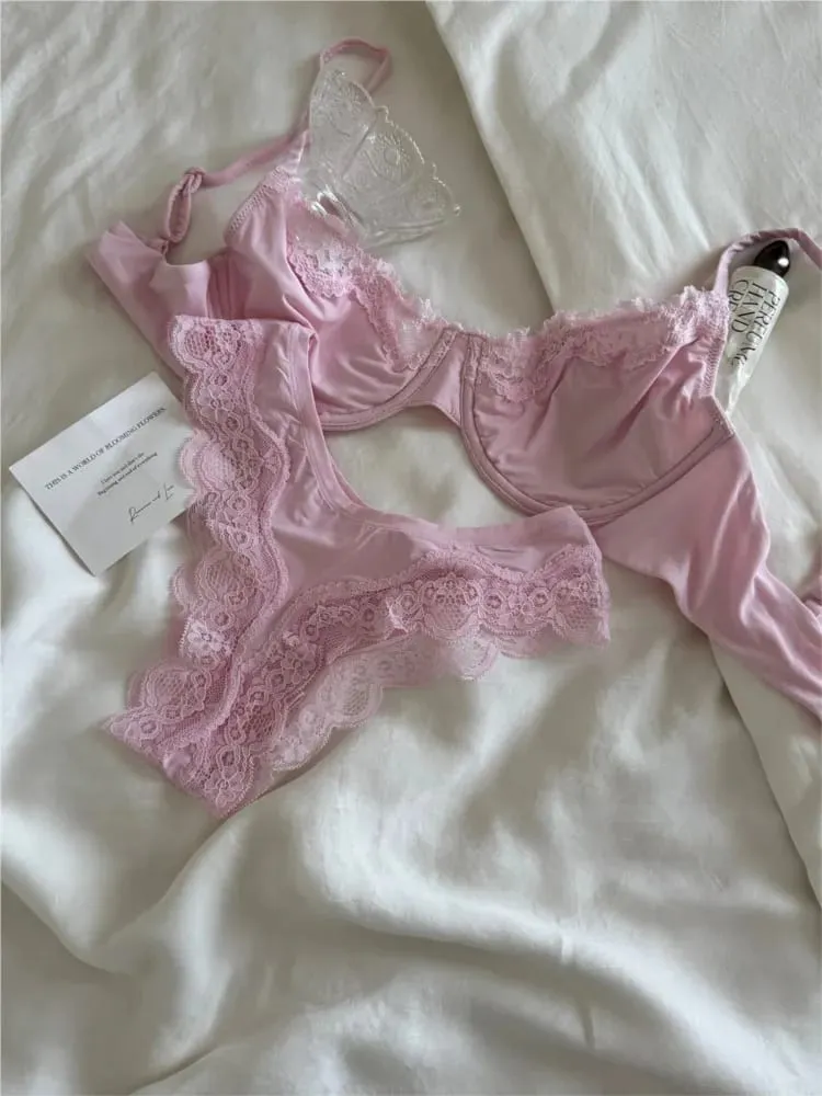 Set Bra Cawan Penuh Tanpa Garis Merah Jambu Berdawai Berdawai Lace Trim Lift Selesa Minimalis Seamless Mesra Kulit Coli Setiap Hari dan Seluar Dalam — image 4