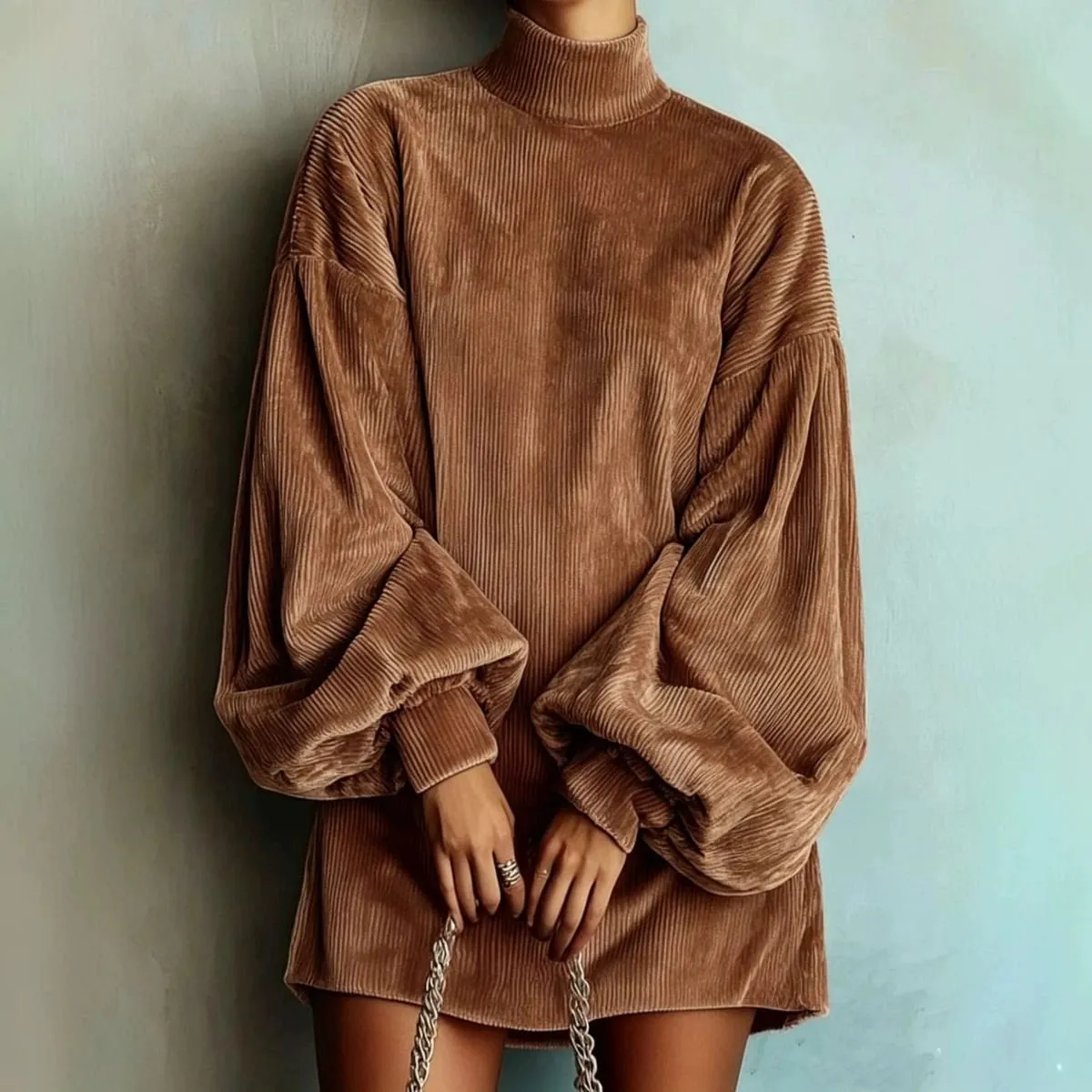 Women Corduroy Turtleneck Mini Dress Oversized Elegant Loose Lantern Sleeve Casual Dresses Autumn Winter Streetwear Short Dress — image 2