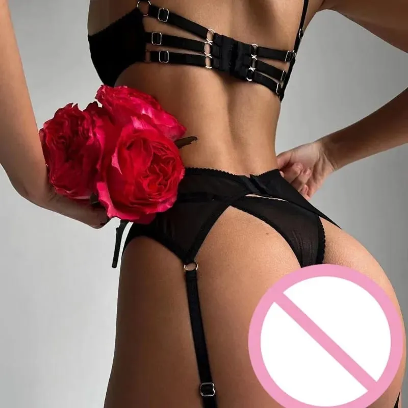 Sexy Mesh Embroidery Women's Lingerie Sets Fancy Sheer Strappy Push Up Bra Panty Garter Belts 4PC See Through Tempted Underwear — image 5