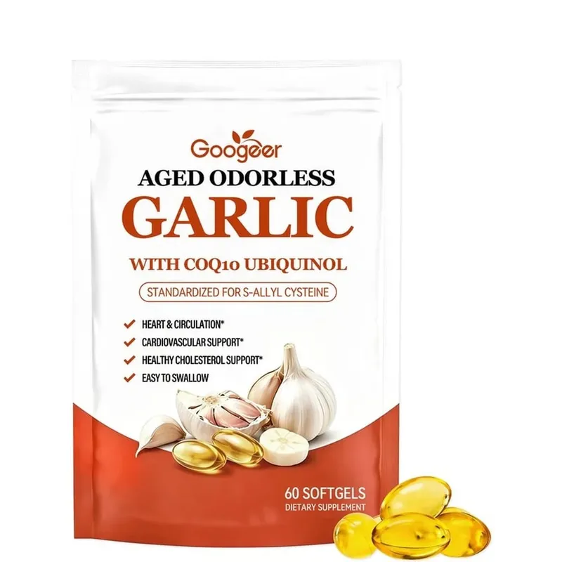 Cápsulas gelatinosas de alho inodoras envelhecidas Googeer com CoQ10 Ubiquinol Vitamina K2 (MK-7) para circulação e suporte ao colesterol 60 cápsulas gelatinosas