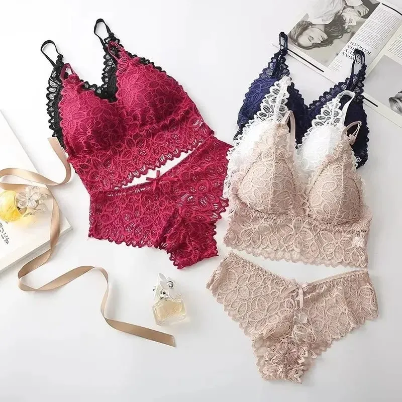 Lace Sexy Women Underwear Set Seamless Wire Free Bra Sets Hollow Out Bra and Panty Sets For Women Embroidery Intimates Lingerie — image 2