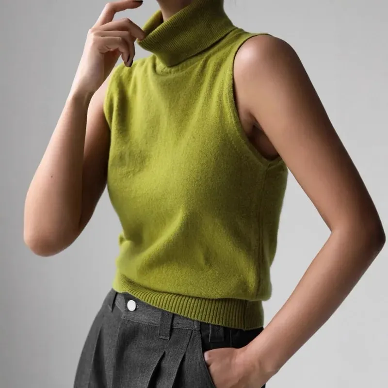 Women's Sleeveless Turtleneck Knit Vest Autumn Slim Fit High-Neck Tank Top Ribbed Hem Minimalist Base Layer Office Casual Wear — image 3