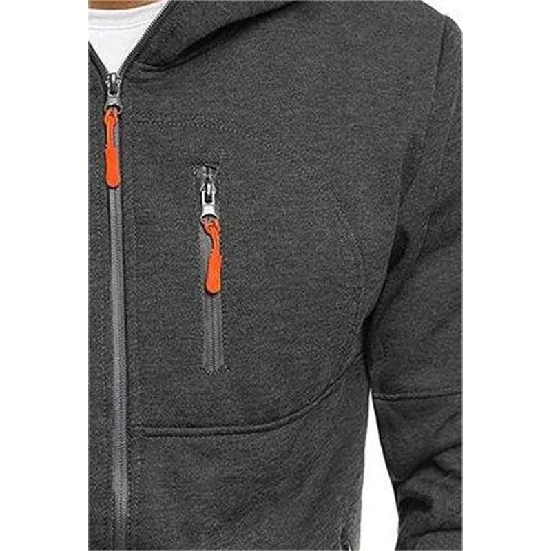 Men's Grey Hooded Sweatshirt Full Zipper Casual Sportswear with Pockets Orange Drawstring plus Size Available — image 17