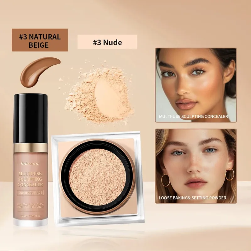 2ks sada na make-up na obličej s korektorem a sypkým pudrem na obličej s hladkým matným povrchem pro ženy, korejský make-up — image 15