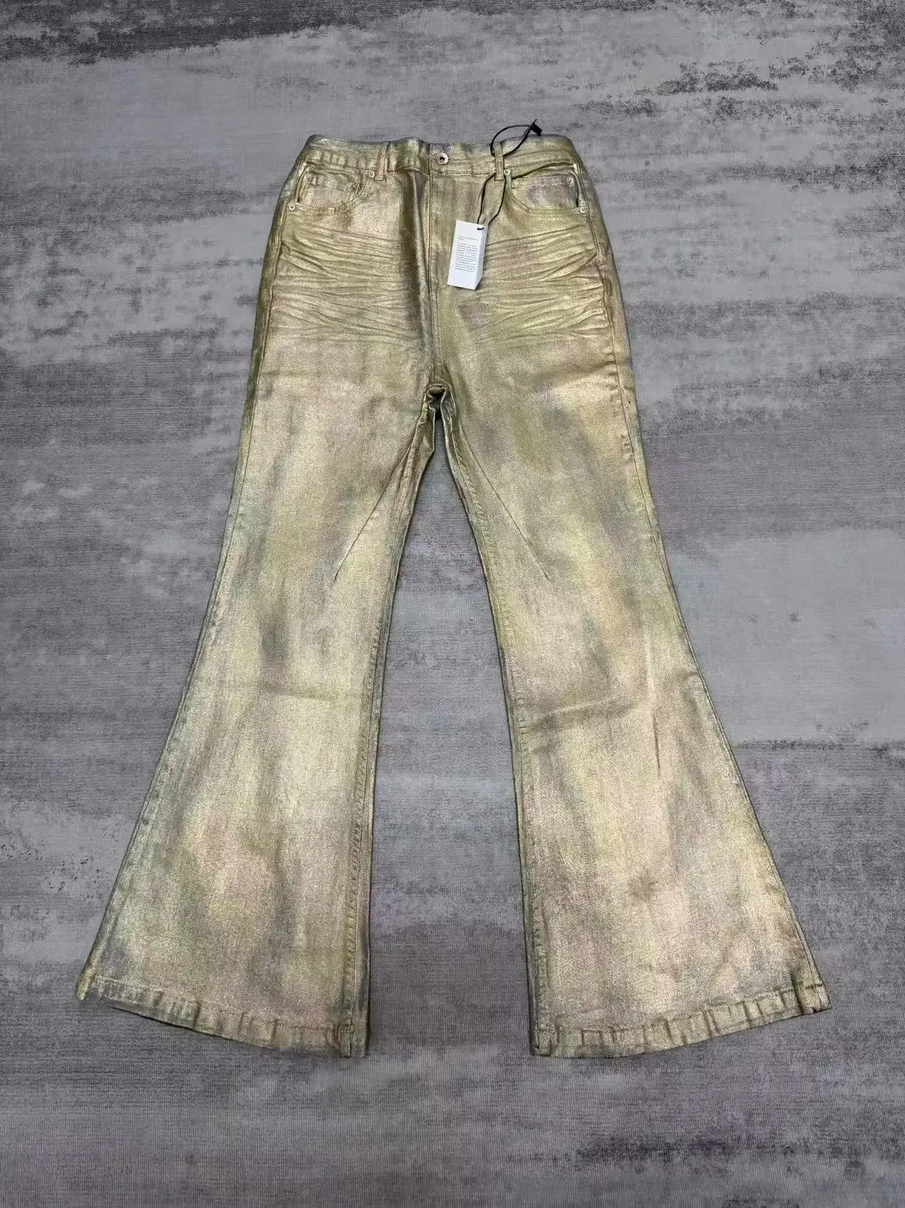 High Street RO Wind Pant Men Heavy Industry Coating Gold Brushed Three Dimensional Floor Pulling Horn Jeans Gold Plated Pants