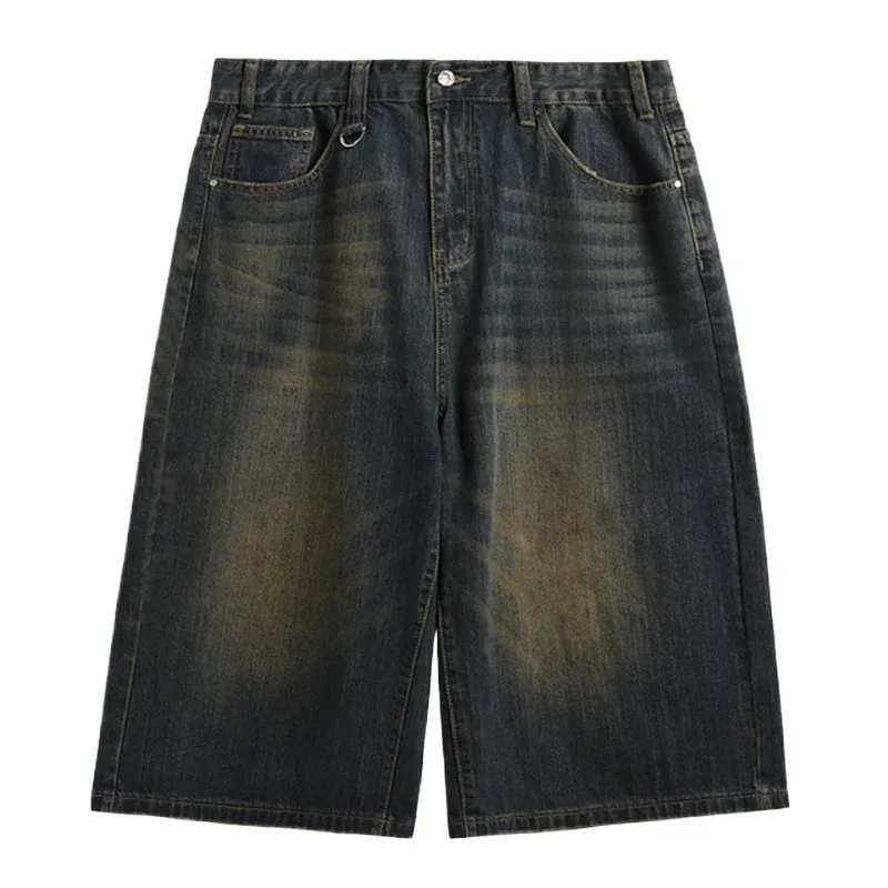Men Vintage Washed Denim Shorts Loose Wide Leg Retro Nostalgic Tone Summer Streetwear Vintage Cropped Jeans
