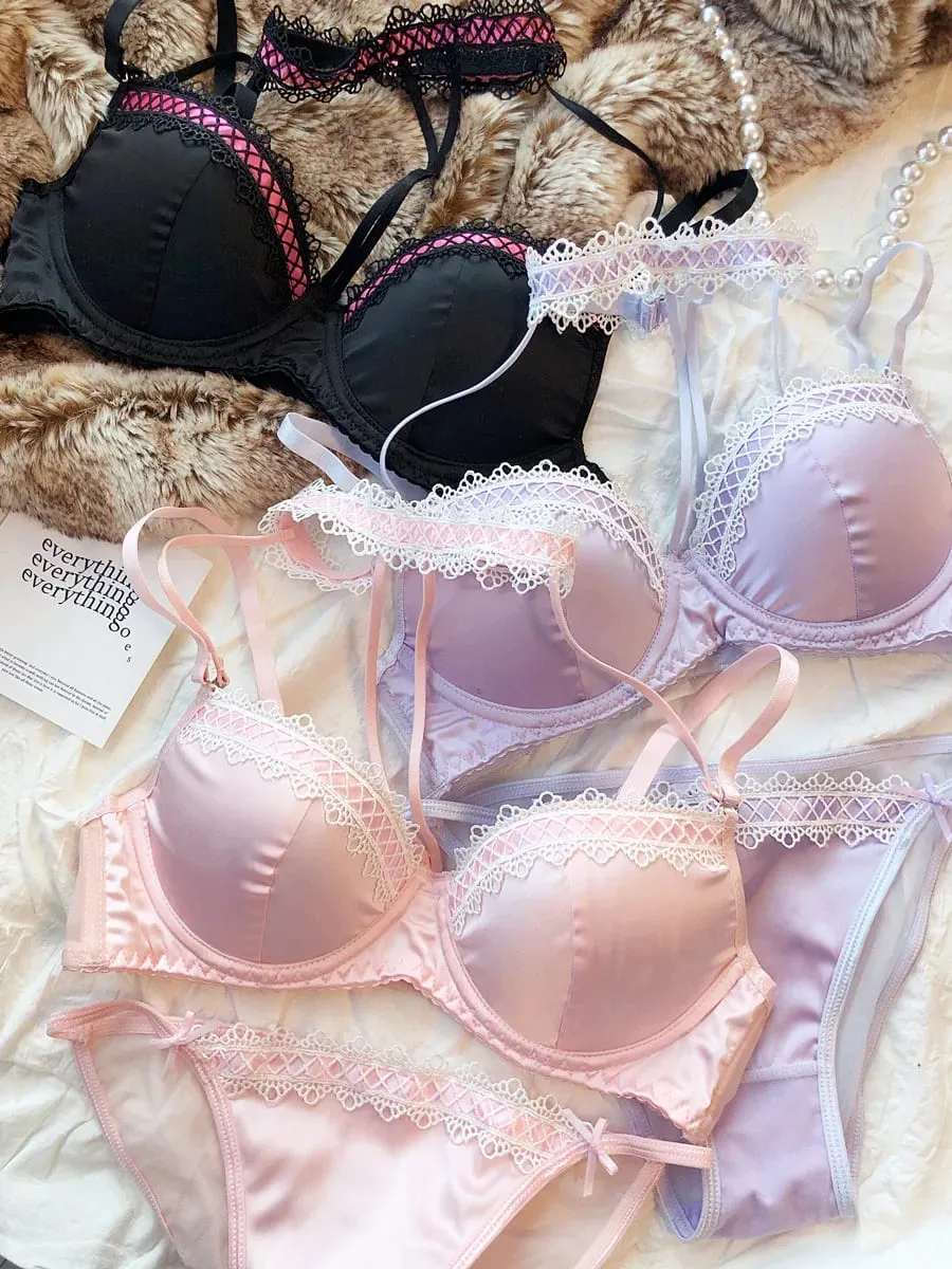 Lolita Fransız Saf Desire Seksi Dantel Saten Spice Kız Sutyen Küçük Göğüs Toplama Halter Içi Boş İç Seti Yumuşak Balenli — image 3