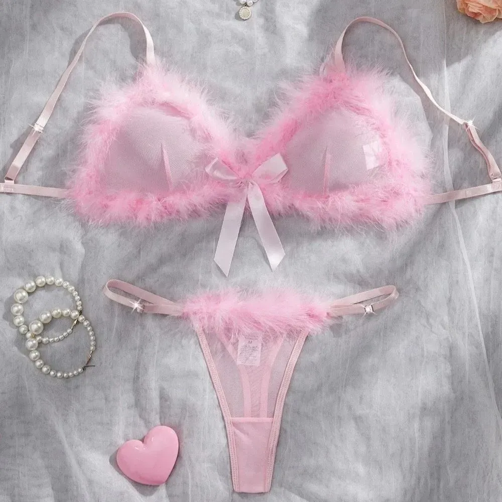 Underclothes Furry Women's Underwear Wireless Bow Decor Lingerie Set Mesh Transparent Romantic Intimate Bra Panties Suit Home