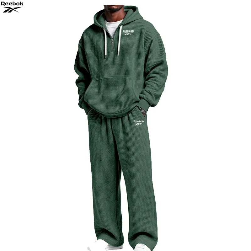 2026 Reebok Brand Spring-Autumn Men's Hooded Sweatshirt Set - Retro Solid Color Loose Fit Street Style Half-Zip Hooded Shirt - C