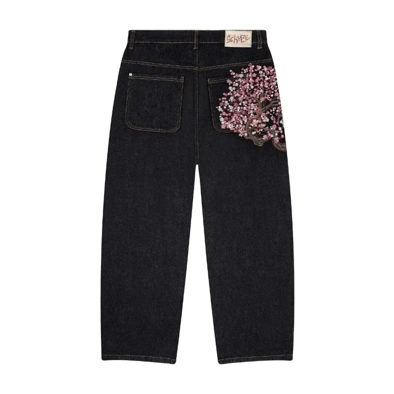 Y2K Baggy Jeans Cherry Blossom výšivka Džínové kalhoty Muži Ženy American Hiphop Streetwear Široká noha džínové kalhoty — image 7
