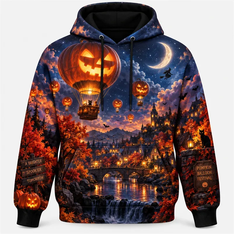 Halloween Hoodie 2026 Retro Graphic Pullover Haunted Adventure Gothic Night Streetwear Pumpkin Ghost Skeleton Moon Forest Unisex — image 3