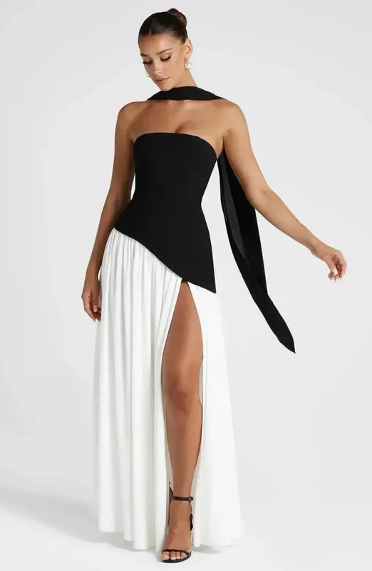 Maxivestido liso empalmado con cinta para mujer, Vestidos largos elegantes sin tirantes y sin mangas con abertura, novedad de 2025, Vestidos de fiesta de verano para mujer