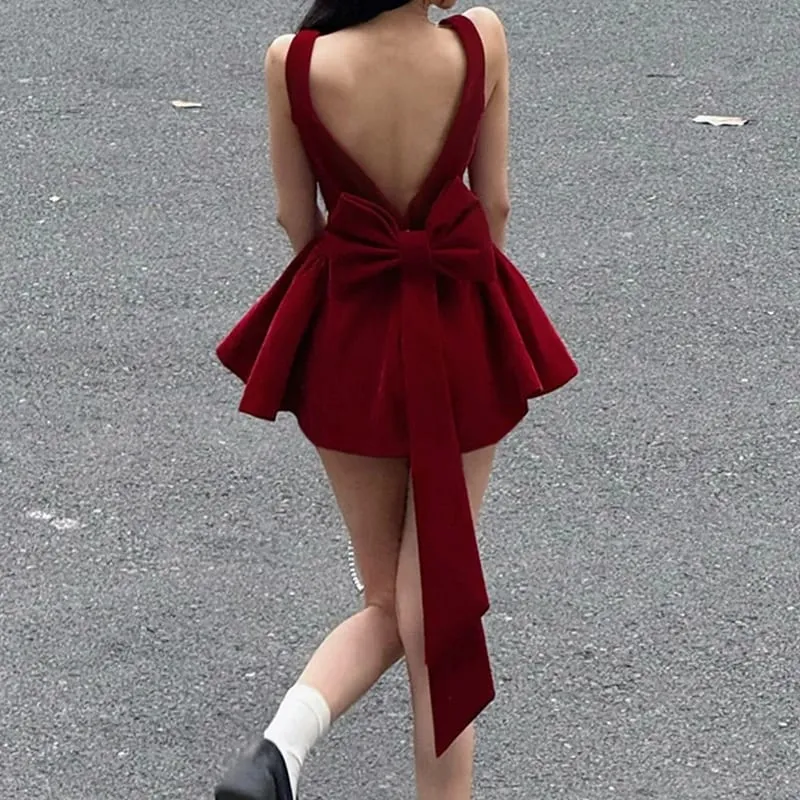 Fashion Red Bowknot Mini Dress Straps Square Collar Sleeveless Backless Vintage Cute Ladies Slim Party Short A-line Dresses — image 3