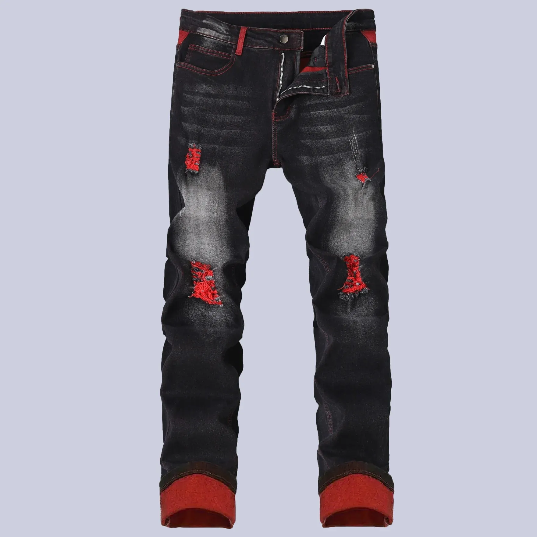 Vaqueros elásticos negros para hombre para primavera y otoño Pantalones vaqueros con detalles rasgados rojos Tallas asiáticas 28–42. — image 7