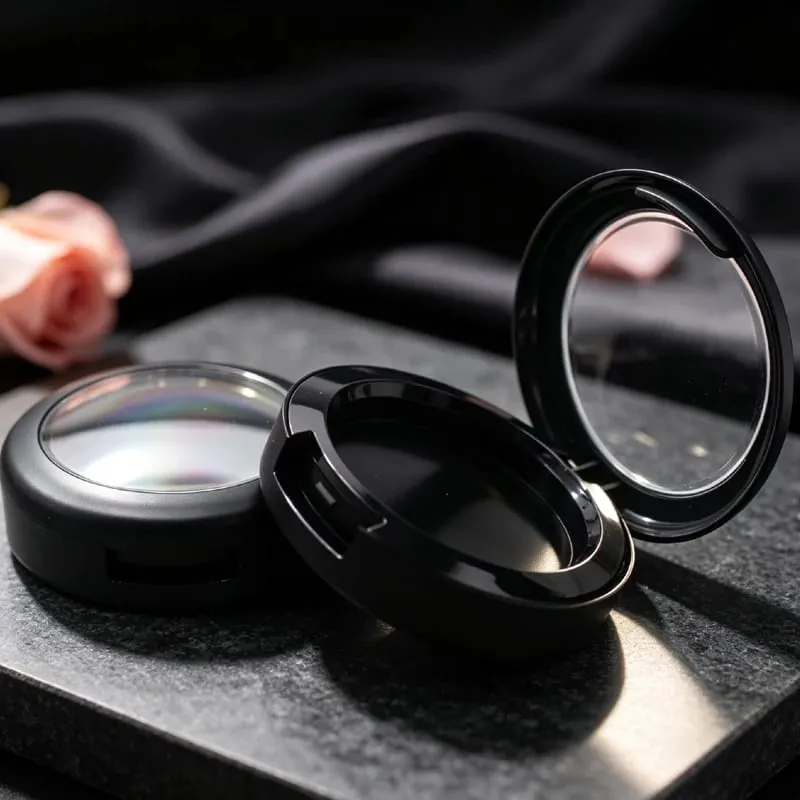 Preço do lote para cor preta forma redonda embalagem de maquiagem de plástico vazio compacto caso pó blush recipiente — image 2