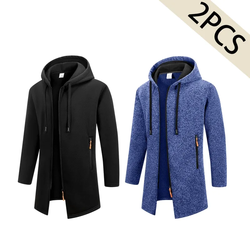 2Pcs Set Men Mid-Length Full Zip Hooded Jacket Fleece Lined Warm Coat with Drawstring Hood & Zipper Pockets Casual Outerwear for Fall Winter Daily Wear