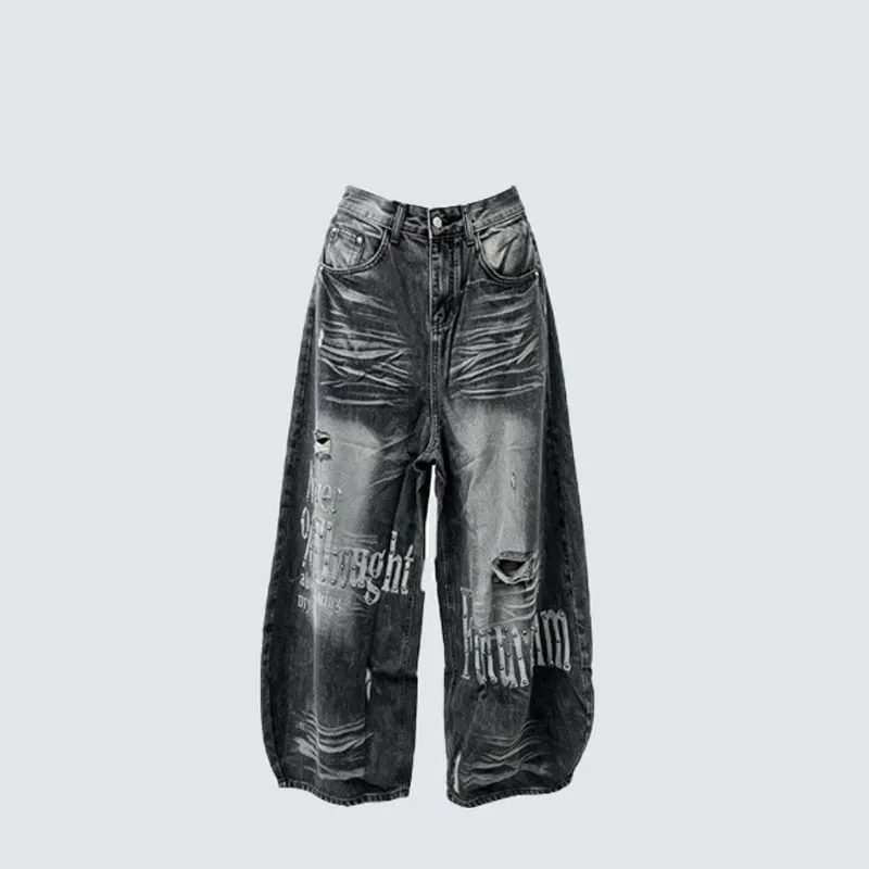High Street Y2k Ripped Jeans With Embroidered Letters And Beaded Decorations Wide With Pleated Prints Loose Straight Leg Pants