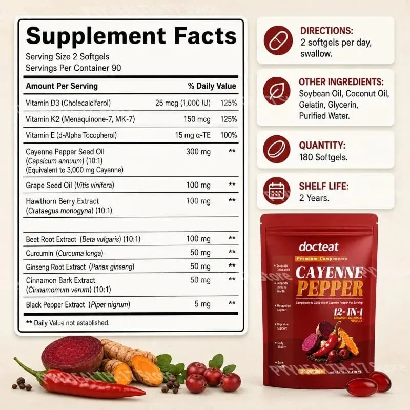 Cayenne Pepper Softgels with 12-in-1 Enhanced Botanical Formula for Antioxidant and Vascular Health Support 180 Softgels
