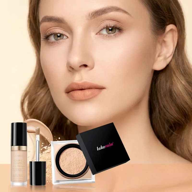 2ks sada na make-up na obličej s korektorem a sypkým pudrem na obličej s hladkým matným povrchem pro ženy, korejský make-up — image 4