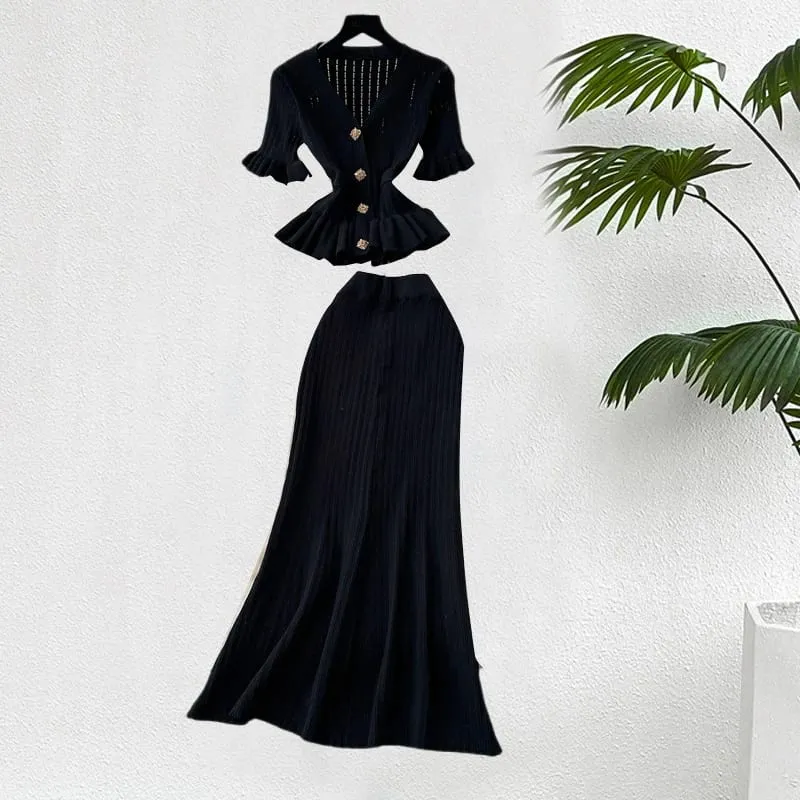 YuooMuoo marca de moda de una pieza de punto Maxi Vestido de mujer elegante con cuello en V con volantes cintura delgada ceñido al cuerpo suéter Vestido de fiesta