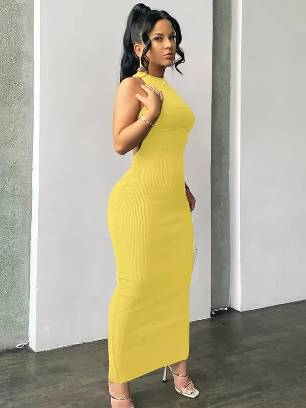 Hugcitar Ribbed Solid Hollow Out Backless Sleeveless Sexy Slit Mini Dress Bodycon 2025 Spring Women Outfits Elegant Party Y2K