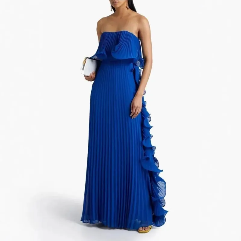 Trendy Women Summer Holiday Dress Orange Pleated Chiffon Long Formal Dresses Custom Made Ruffled Strapless Beach Party Dress — image 6