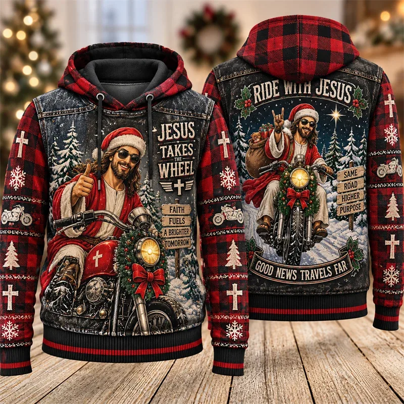 Funny Jesus Christmas Biker Hoodie 3D Graphic Motorcycle Rider Vintage Holiday Pullover Winter Streetwear Party Casual Gift — image 7
