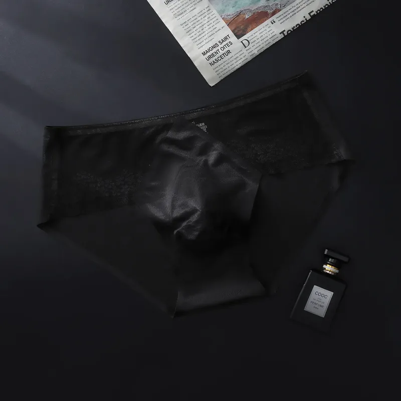 Large Size Men Sexy Panties Silky Satin Bugle Pouch Underwear Lace See Through Brief High Elastic Soft Underpant Bikini Lingerie
