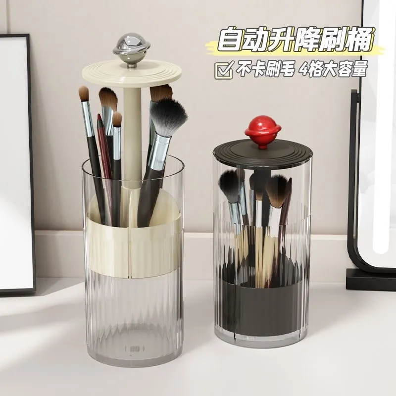 Suporte de pincel de maquiagem de levantamento automático à prova de poeira organizador de cosméticos de luxo recipiente de armazenamento de mesa pincéis de maquiagem suporte de canetas — image 3