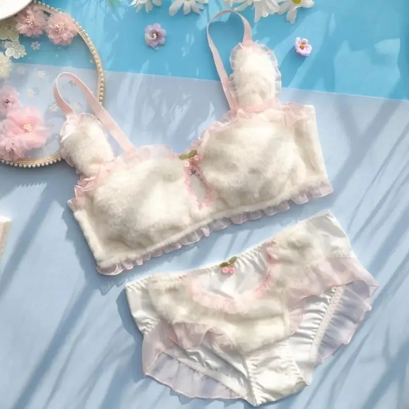 Women Cartoon Rabbit Ears Lingerie Furry Plush Cutout Bra and Panty Underwear Set — image 4