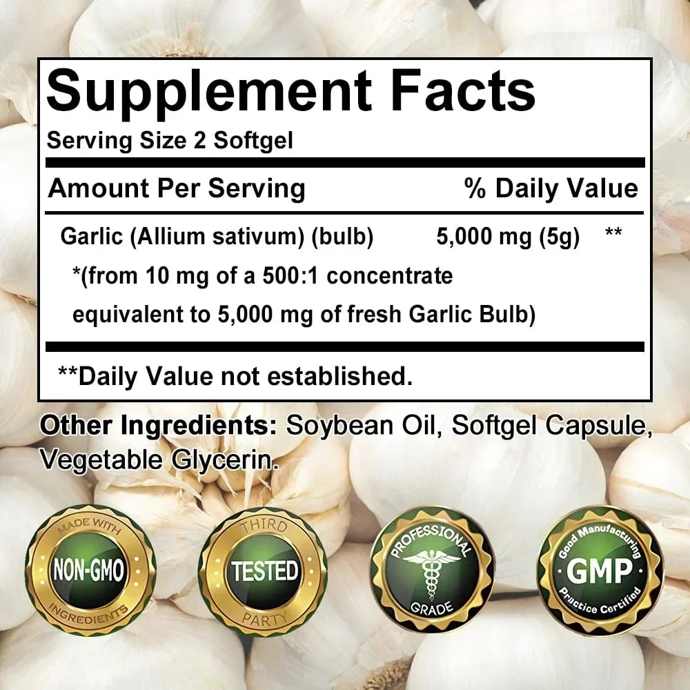 Minyak Bawang Putih Softgels 5000 Mg Peredaran Kardiovaskular Kekebalan Jantung Tanpa Perisa Suplemen Bebas Gluten Bukan GMO — image 6