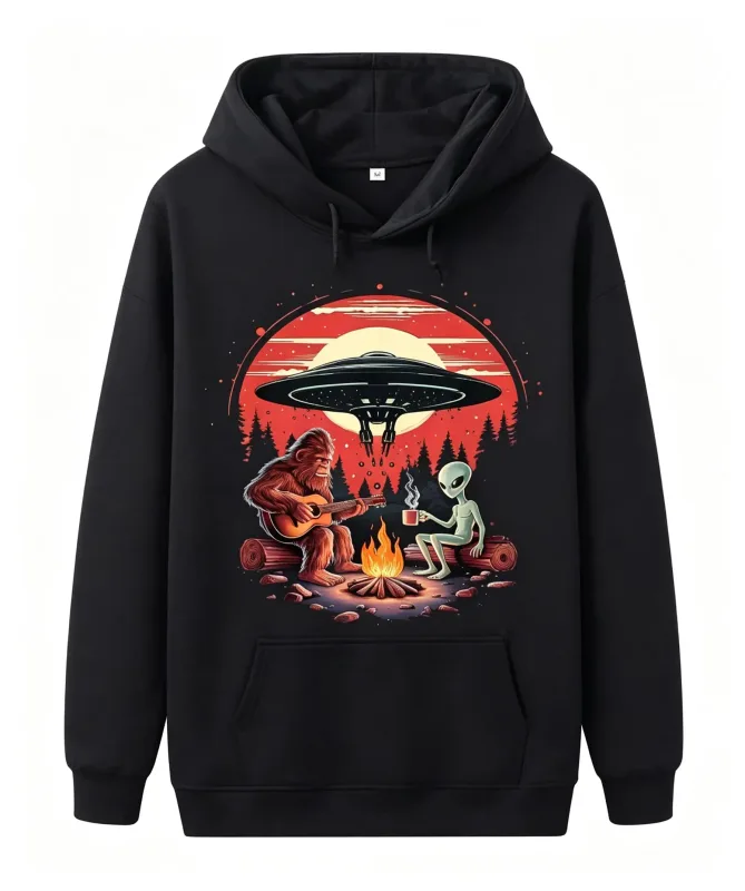Unisex Alien and Bigfoot Campfire UFO Hoodie - Mysterious Creature Themed Sweater, Soft Breathable Cotton Blend Pullover with Kangaroo Pocket for Camping, Race Day and Mysterious Zoology Lovers (Black), Size S-XXXL, Lightweight — image 2