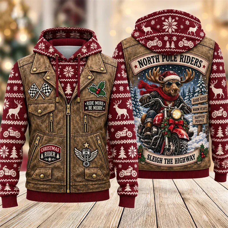Christmas Biker Hoodie 3D Print Santa Reindeer Gingerbread Rider Faux Leather Vest Holiday Pullover Winter Streetwear Gift