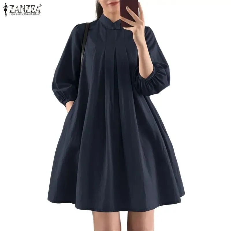 Letní dámské elegantní plisované šaty s límečkem s 3/4 nabíraným rukávem zmačkané šaty ke kolenům ležérní róby Femme — image 9