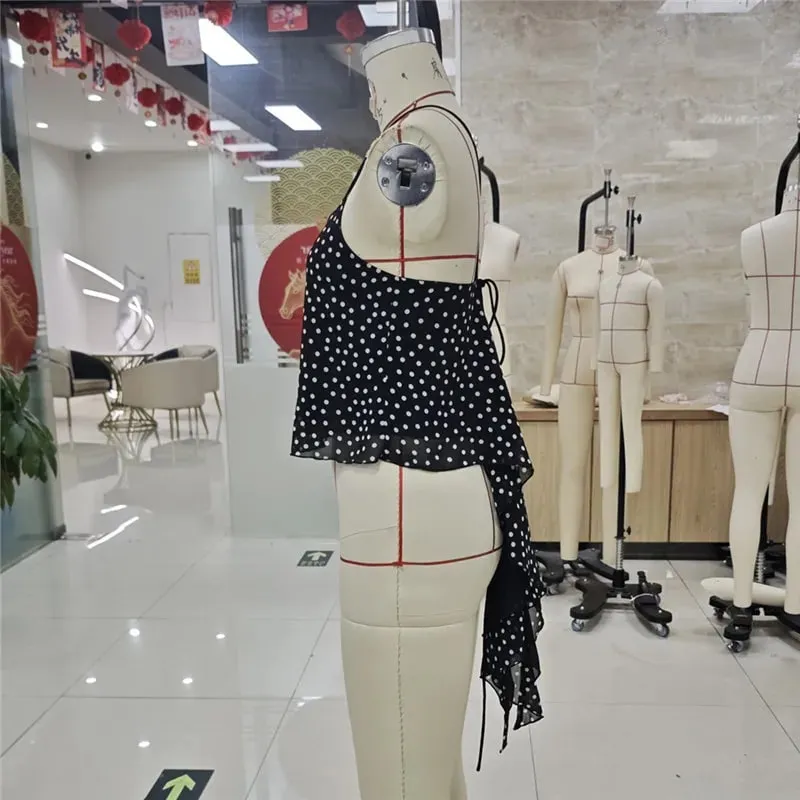 Women Polka Dot Chiffon Cami Top Spaghetti Strap Crisscross Tie Backless Asymmetric Hanky Hem Cropped Camisole Summer Tank Top — image 8